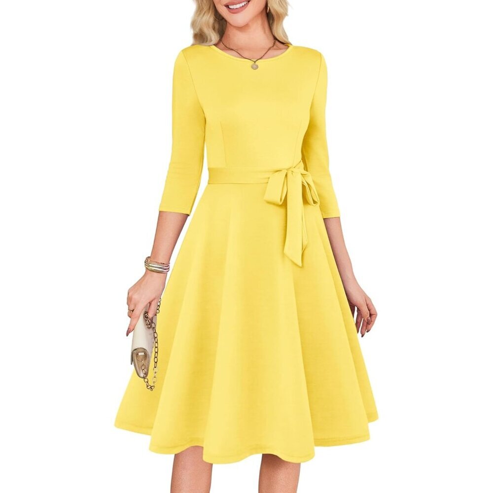 Women's Yellow 3/4 Sleeve Vintage Flattering A-line Vintage Cocktail Dresses